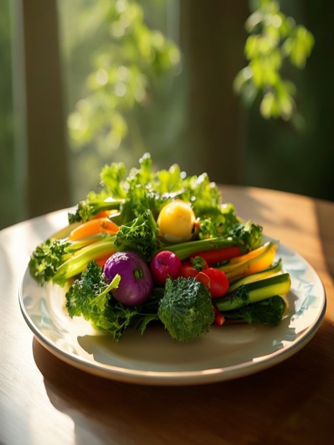 Yksinkertainen ruokapöytä, värikkäät kasvikset valaistuina